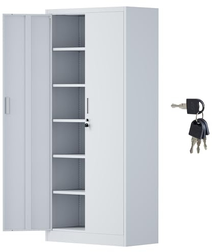 iJINGUR Metal Storage Cupboard with Locking Doors and 5 Adjustable Shelves, Lockable Steel Storage Cabinet for Home Office Garage Kitchen Pantry (White)