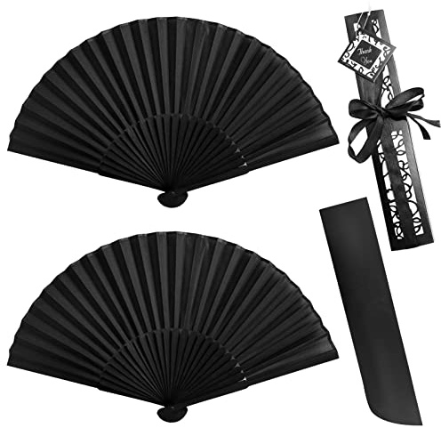 Karjiaja 2Pack Silk Folding Fans, Black Classic Handheld Fan 8.2in Hand Held Bamboo Fabric Chinese Vintage Hand Fans with Case for Dance, Performance, Wedding, Cosplay, Decorations, Party Favor, Gift