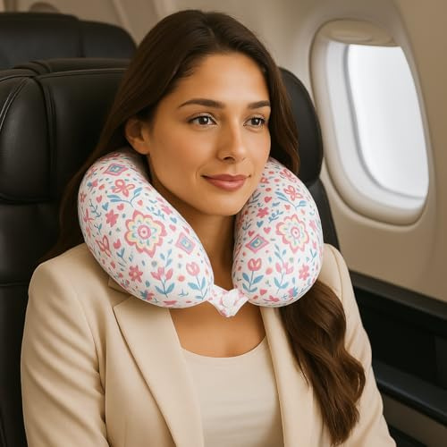 KAMACA Nackenhörnchen Nackenkissen mit tollem Bezug und Druckknopf-Verschluss für Unterstützung bei Reisen Weiches und Komfortables Reisekissen für Flugzeug Zug Auto Bus (Floral Breeze)