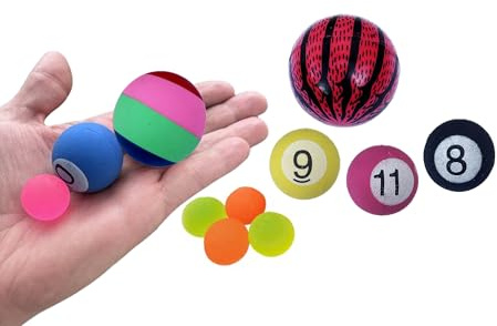 jameitop® 10er Set Flummis in 3 Größen – 2X 45mm & 4X 30mm & 4X 20mm – Bunte Gummibälle Retro Billard Design, Hüpfbälle als Mitgebsel/Gastgeschenk