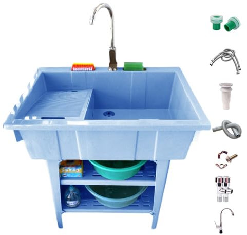 Lavandino per Biancheria Indipendente in Plastica con Asse da Bucato, Plastica Lavandino da Esterno, Lavabo Esterno per Garage, Lavaggio Animali, Cantina, Giardino, 80 X 56 X 81 cm(Blue)