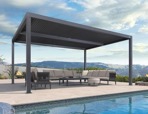 Pérgola bioclimática de aluminio de 4,8 x 3,68 m con techo con rejilla ajustable, toldo de jardín al aire libre de 17,66 m² para patio y terraza, toldo gris para una vida elegante al aire libre