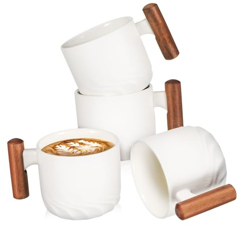 TOPPERFUN 4pièces Lot De Tasses à Café Thé Céramique Avec Manches Bois Pour Usage Quotidien Et Service De Table