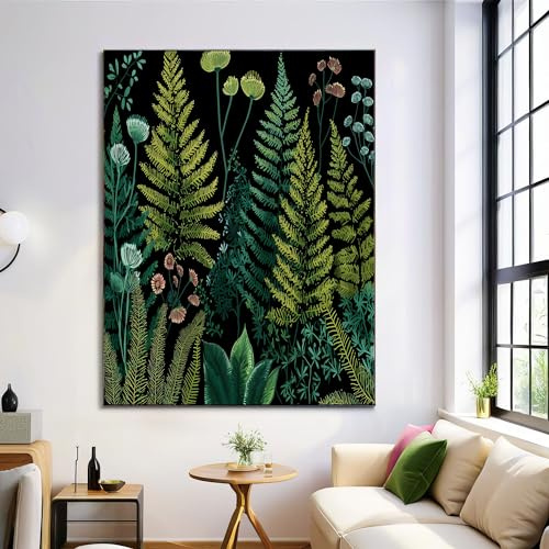 Frameless Wall Art, Fern Forest Poster Canvas Painting Art, 50X70Cm Vintage Garden Wall Decor Prints Artworks For Living Room Bedroom Pictures Home Decorative, Dark Green