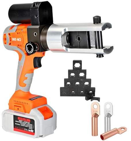 DNEPEI Pinza crimpatrice idraulica a Batteria, utensile crimpatore Idraulico Ricaricabile per Cavi, Testa Girevole a 360°, con matrici da 16-300 mm² per l'ingegneria elettrica Orange-120KN