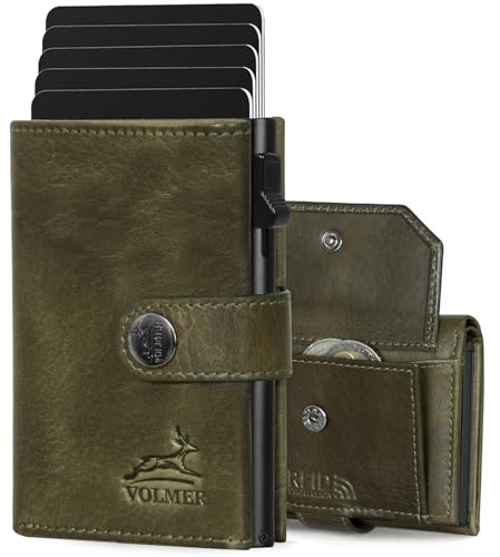 Fa.Volmer POP-UP VO45 - Tarjetero con compartimento para monedas de piel auténtica para hombre y mujer, 12 tarjetas, protección RFID, verde oscuro, Großes Münzfach, Monedero grande