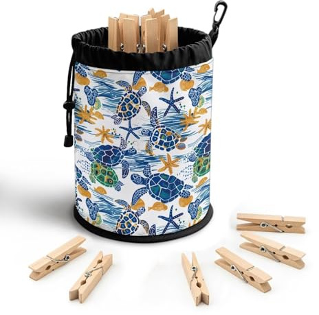 Hresuewn Clothespin Bag for Clothesline Outdoor, Sea Turtle Starfish Clothes Pin Bag with Drawstring Closure, Large Opening, Large-Capacity Clothespin Storage Organizer with Hooks