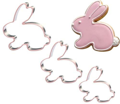 UKoosien Hasen Keksausstecher 3er Set – Osterhase Ausstecher mit Silikon-Schutzrand, Edelstahl, 10/8 / 6 cm, 2,0 cm tief, Plätzchen, Fondant & Sandwich Ausstechformen, Spülmaschinenfest