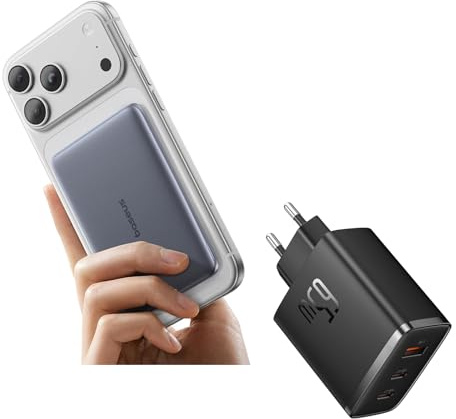 Baseus Picogo AM41 Power Bank, Ultra Slim 5000mAh Magsafe Powerbank, Ricarica Rapida PD 20W + Baseus Caricatore con USB C 65 W, USB C Charger, 3 Porte PD con PPS, al Nitruro di Gallio
