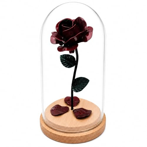 DEKOROA Rosa Eterna Rossa in Ferro con Campana in Vetro, 20 cm | Base in faggio naturale, 3 petali liberi, biglietto e confezione; pensiero per nozze di ferro e anniversari