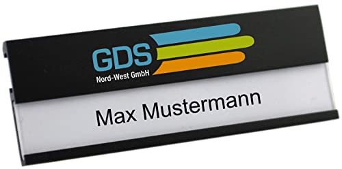 Aluminium Namensschilder schwarz, aus Metall, Größe 70x25 mm, mit Magnet und Nadel/Clipkombination, individuellem Logodruck, Farbdruck mit Ihrem Logo, Magnetbefestigung, Name Badge, Namensschild für Kleidung, selbstbeschriftbar, mit Ihrem Logo, Namensschildchen mit Magnet schwarz Leichtmetall eloxiert (5)