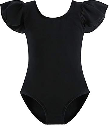 Stelle Girls Leotards Black Ballet Dance Leotards Ruffle Short Sleeve Gymnastics Outfits(Toddler/Little Kid/Big Kid)(Black, 90)