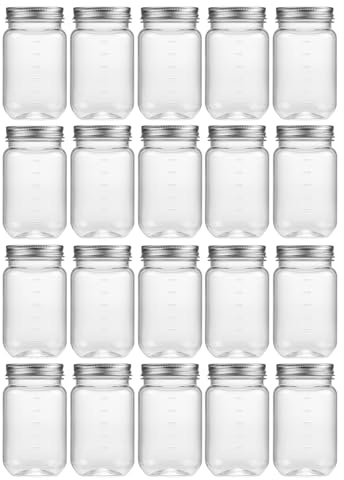 novelinks 16 oz Clear Plastic Jars with Lids, Refillable 16oz Mason Jars with Lids & Storage Containers for Kitchen & Household Use (20 Pack,Silver)