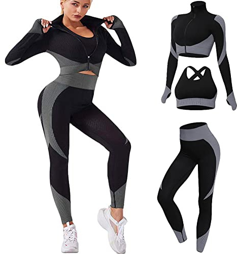 Veriliss Women's 3pcs Seamless Outfits Workout Sets,Gym Clothes Yoga Sportswear Leggings and Stretch Sports Bra Gym jumpsuits Clothes Set (BlackGrey, L)