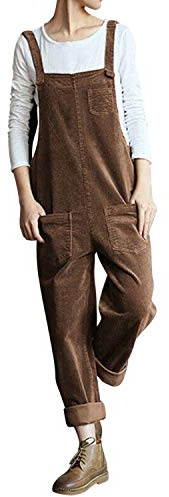 Petalum Womens Casual Corduroy Jumpsuit Retro Sleeveless Bib Overalls Dungarees with Pockets (Coffee, M)