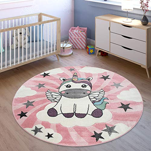 TT Home Kinderteppich Mädchen Spielteppich Niedliches Einhorn Wolken In Rosa Weiß Lila, Größe:200 cm Rund