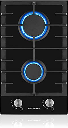 ThermoMate GHBG302 30cm 2 Burners Gas Hob, Black Glass Gas Cooktop with Flame Failure Protection, Propane Domino Hob with Cast Iron Supports, NG/LPG Convertible, 4200W