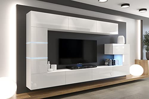 Ensemble Meuble TV Mural Suspendu Salon – Meuble Salon Design Moderne avec colonnes, vitrines et rangements – Mobilier avec éclairage LED Bleu (AN89NEW-21W-HG2)
