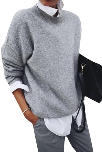 EFOFEI Women Solid Long Sleeve Pullovers Patchwork Work Blouse Tunics Tops Office Tunic Sweater Grey L