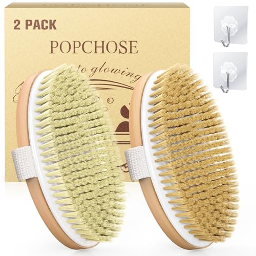 Dry Brushing Body Brush, POPCHOSE Natural Bristle Dry Skin Exfoliating Brush Body Scrub for Flawless Skin, Cellulite Treatment, Lymphatic Drainage and Blood Circulation Improvement, Wooden | Natural Boar Bristle Body Brush, Dry or Wet Exfoliating Shower Scrub Brush for Smoother Skin, Self Care Routine Gift