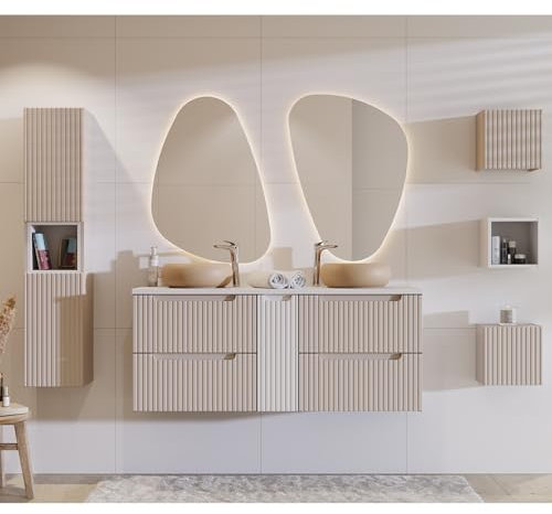 Lomadox Badezimmer Badmöbel Set 7-teilig mit 140cm Doppelwaschtisch, Kaschmir und weiß, gerillte Front | inkl. LED-Spiegel, Hochschrank, Hängeschränke