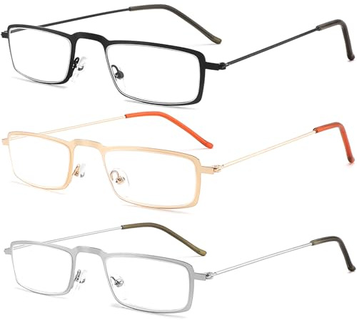 LANLANG 3er-Pack Lesebrillen für herren damen mit Stahlrahmen, Metall, Schwarz, Silber, Gold, nur 18 g, leicht, 1,0~4,0 Dioptrien