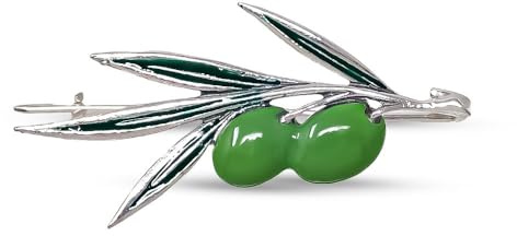 Alfiler plata Ley 925m rama olivo 46mm. aceitunas esmaltadas color verde