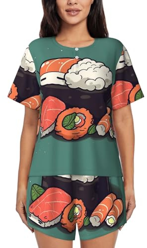 Sovande sushi kortärmad pyjamas för kvinnor rund hals ledig lös tryck sommarshorts set, Svart, S Short