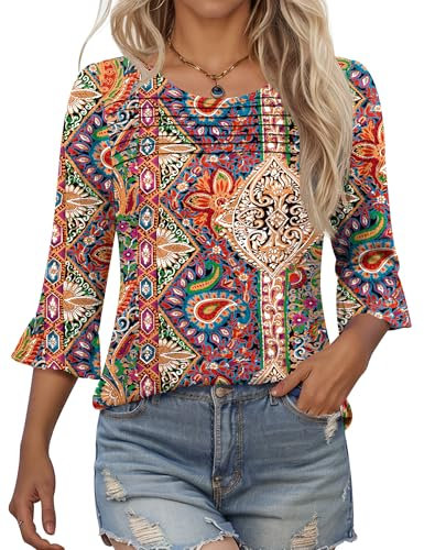 Kistore Womens Tops 3/4 Length Sleeves Crewneck Shirts Tunic Blouses Dressy Casual Trendy Blouse Dress Tshirts Elbow Length Sleeve Tees M