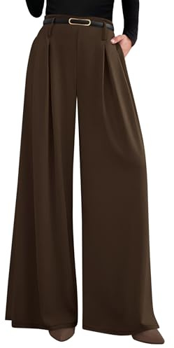 PRETTYGARDEN Womens Spring Wide Leg Trousers 2026 High Elastic Waist Loose Pleated Long Flowy Palazzo Work Pants with Pockets (Brown,Medium)