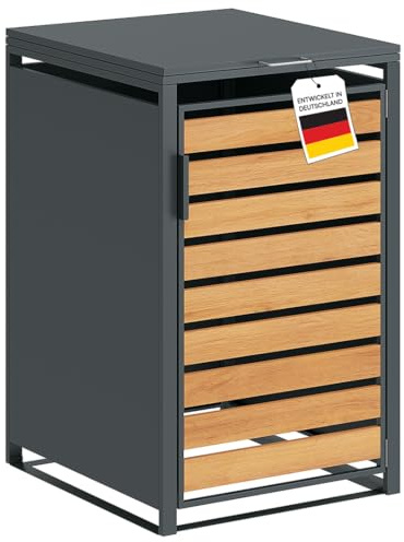 STEELSØN Kestra Mülltonnenbox 1er bis 120L, Anthrazit, Holzoptik, Stahl | Mülltonnenverkleidung mit Sichtstreifen, hochwertiger Müllcontainer für 1 Tonne, Müllbox, Gerätebox, wetterfest, Outdoor