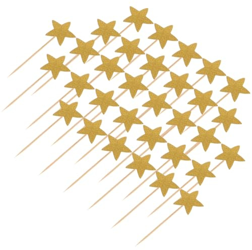 Toyvian 70 Stück Glitzernde Cupcake Picker aus Holz und Papier Stern Tortenaufsätze Gold Festliche Tortendekoration für Geburtstagsfeiern und Desserts