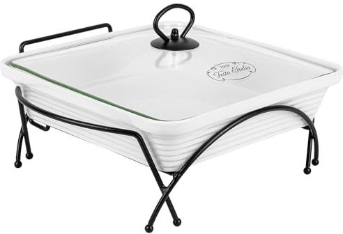 FESTA ITALIA Auflaufform Keramik mit Deckel - 1.9L - Lasagne Quadratisch Form - Weiss Auflaufformen mit Ständer Tealight - Ofenform - Backform - Lasagneform - Casserole Dish - Großkeramik