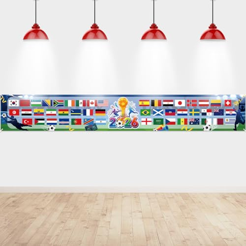 DPKOW Long Decoration Football World 2026 Flags Banner 48 Teams Countries Flags Football World 2026 Decoration 48 Nations Banner for Bar Club Garden Restaurant Home School, 270 x 40cm