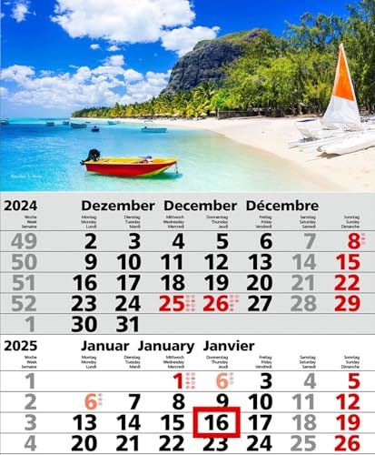 3-Monatskalender 2026 Wandplaner Dreimonatskalender 30 x 53 cm mit Schieber mehrsprachig d/fr./engl | Motiv: Mauritius