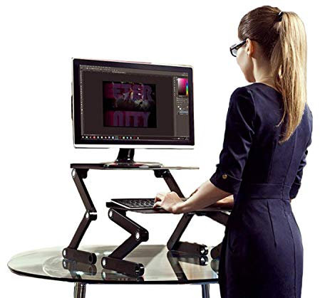 WorkEZ Stehtisch-Konverter für Laptops, ergonomisch, höhenverstellbar, zum Aufstellen des Desktop-Ständers, klein, leicht, tragbar, Aluminium, Computer, Macbook, negative Neigung, Tastaturablage, Schwarz