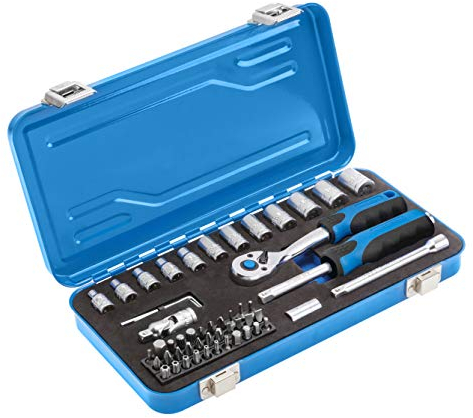 Högert Technik - Kit d'Outils Avec Boîte à Cliquet | Jeu de Douilles et Tournevis - Noir/Bleu, 1/4″, 53 Pièces