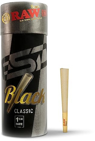 RAW Cones Classic Schwarz 1-1/4 Größe | 100 Stück | Natürliches vorgerolltes Blättchen extra fein gepresst für dünnes, langsam brennendes, natürlich durchscheinendes Blättchen mit Spitzen