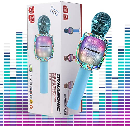 DYNASONIC Karaoke-Mikrofon, Bluetooth, Spielzeug für Jungen und Mädchen, kabellos, Karaoke-Mikrofon, tragbar, mit LED-Lichtern für Kinder, originelle Geschenke für Kinder (DM-05 Blue)