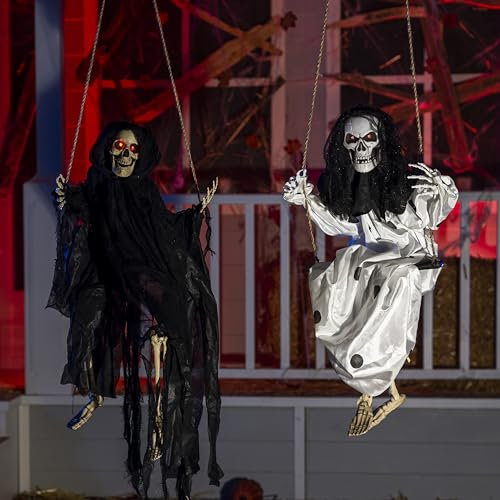 JOYIN 2 Packs Light Up Halloween Hanging Ghosts with Lighted Eyes, 3ft Swinging Skeleton Ghosts Outdoor Decoration, Black White Flying Ghosts for Yard Patio Lawn Garden Party Décor
