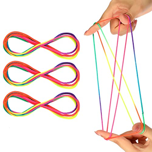 Shappy 3 Fingerspiel Seile Fadenspiel Bänder Fingertwist Bunte Schnüre für Party Mitgebsel Finger Seile Faden Spielzeug Handspiel Schnur (Regenbogen)