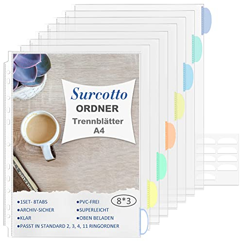 Trennblätter für Ordner A4, Surcotto Register für Ordner A4, 24 Klarsichtfolien mit bunten Tabs, Trennblätter aus PP für DIN A4, transparente Ordner Trennblätter, 11-fach Lochung, 24-teiliges (3 Set)