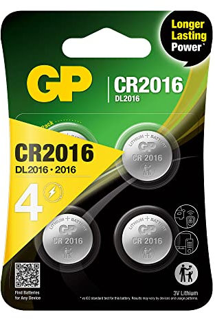 GP Batteries CR2016 - Set da 4 Pile| GP Lithium | Batterie al Litio a bottone CR 2016 da 3V - Lunga Durata