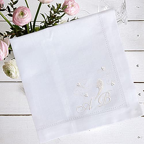 Stoffservietten Bestickt mit Monogramm und Herz, Valentinstag, Hochzeit, Servietten, 44x44cm, 100% Baumwolle, Servietten Bestickt (Weiss)