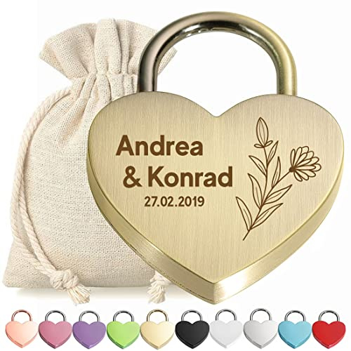 polar-effekt Liebesschloss Herz-Schloss Bügelschloss Bronze personalisierte Gravur - Motiv Blume - Geschenkbeutel - eloxiert - für Sie & Ihn - Geschenkidee Verlobung Hochzeit Geburtstag - Paar, Love