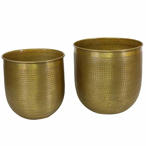 Casa Moro BLUMENTOPF Barcelona 2er Set Groß in Antik-Gold Look rund Aluminium mit Hammerschlag handgefertigt ÜBERTOPF Boho PFLANZENKÜBEL Designer Blumen-Kübel ABK206