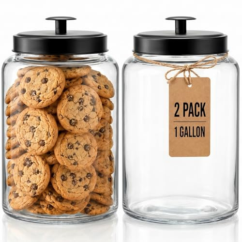 Pumtus 2 Pack Large Glass Jars with Black Metal Cover, 3.7L Clear Cookie Candy Jar, Airtight Food Storage Container, Empty Canister Set for Kitchen Counter, Pasta, Dog Treats, Snacks, Bathroom Jar