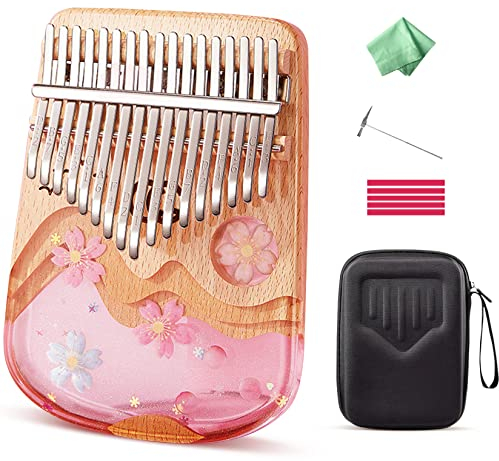 BOTOWI Kalimba 21 Tasten Daumenklavier C-Ton mit Eva Tasche, Mbira Calimba in Kristall & Holz, Aufkleber, Stimmhammer, Reinigungstuch, 17 Tasten Finger Piano Musikalisches Geschenk,17keys Sakura