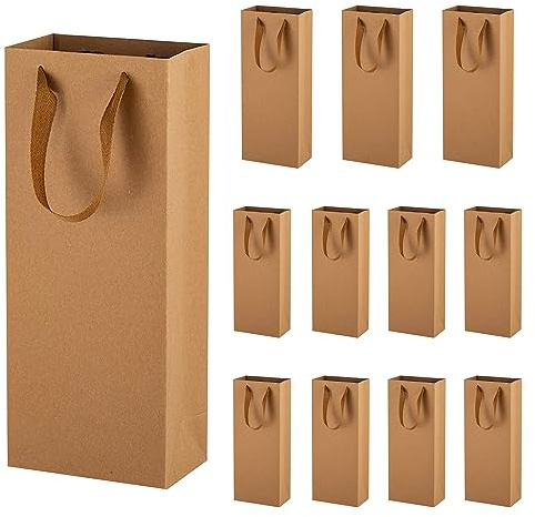 TACHIO 12 Pcs Wine Gift Bags - Single Bottle Sturdy Reusable Kraft Paper Tote With Handles for Birthdays, Anniversaries, Party, Christmas, Shopping, Brown - 11x9x35cm