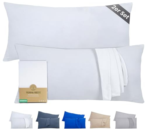 Terra Beds Kissenbezug 40 x 80 (Set mit 2) - 100% Baumwolle Jersey 160 g/m², Oeko-Tex Zertifiziert - Kopfkissenbezug 40x80 für Kissen 40x80 mit Reißverschluss, weich und atmungsaktiv - (Weiß)